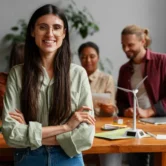 Mujer sonriente con camisa verde en una reunión de trabajo, rodeada de colegas, con un modelo de turbina eólica en la mesa.