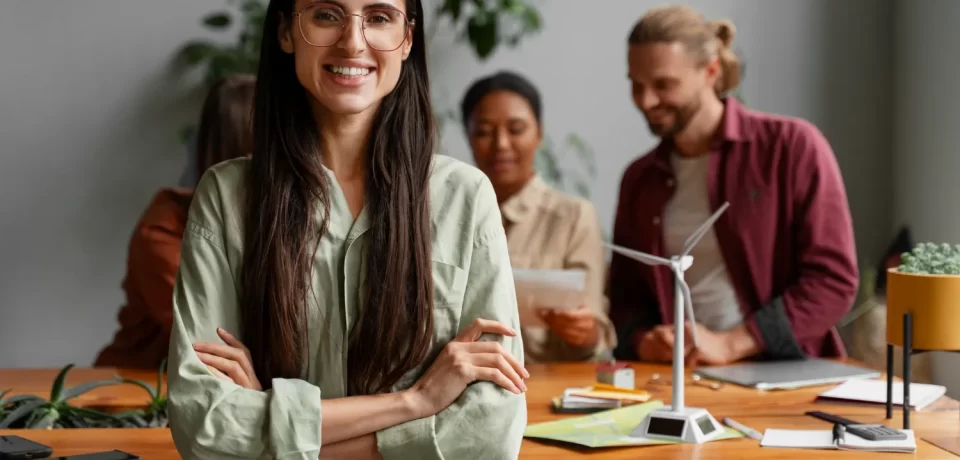 Mujer sonriente con camisa verde en una reunión de trabajo, rodeada de colegas, con un modelo de turbina eólica en la mesa.
